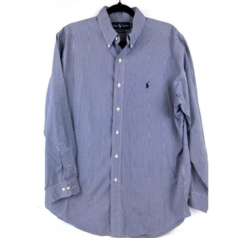 Ralph Lauren Button Down Shirt Navy Gingham Classic Fit Mens 16 32/33